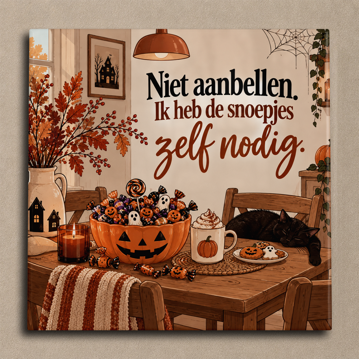 Niet aanbellen. Ik heb de snoepjes zelf nodig. tegel