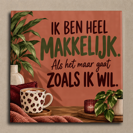 Ik ben heel makkelijk. Als het maar gaat zoals ik wil. tegel