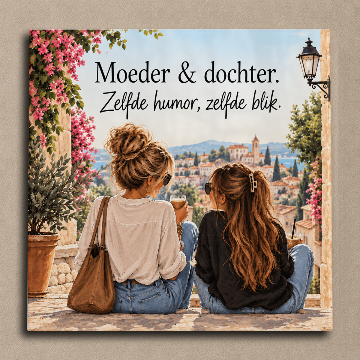 Moeder & dochter. Zelfde humor, zelfde blik. tegel