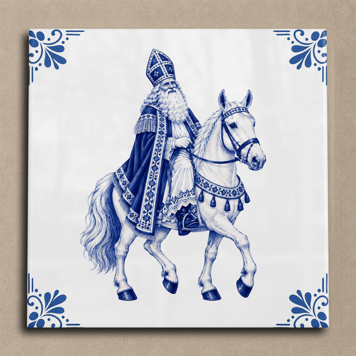 Delfts blauwe tegel Sinterklaas op zijn paard tegel